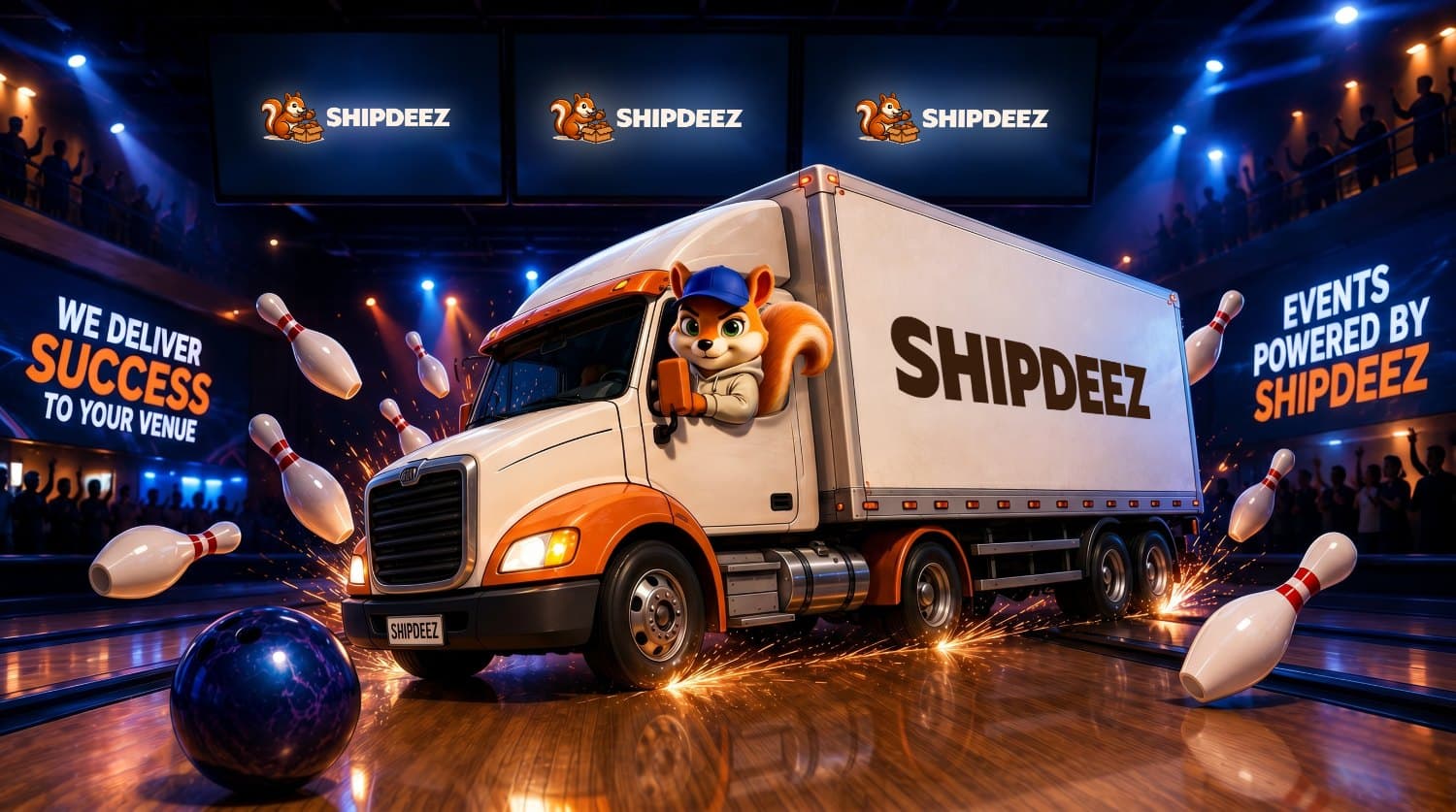 ShipDeez delivery truck rolling down a bowling lane through scattered pins — events powered by ShipDeez
